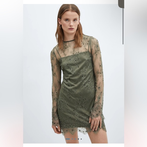 Mango Olive Lace Long Sleeve Dress - Picture 1 of 8